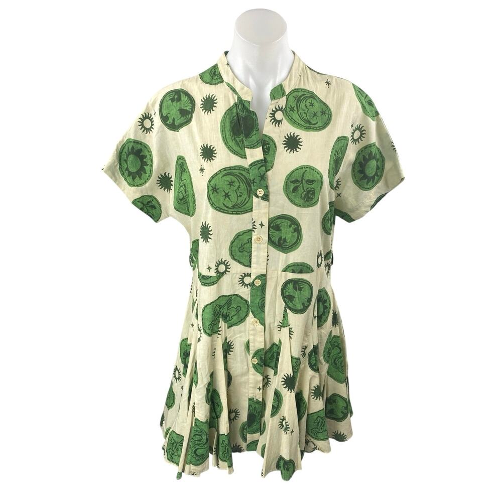 Zara Green Multicolor Printed Pleated Short Sleeve Button Down Shirt Dress Sz S
